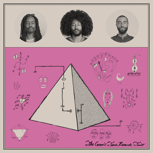 Album cover with three portraits above a pyramid design on a pink background with symbols.